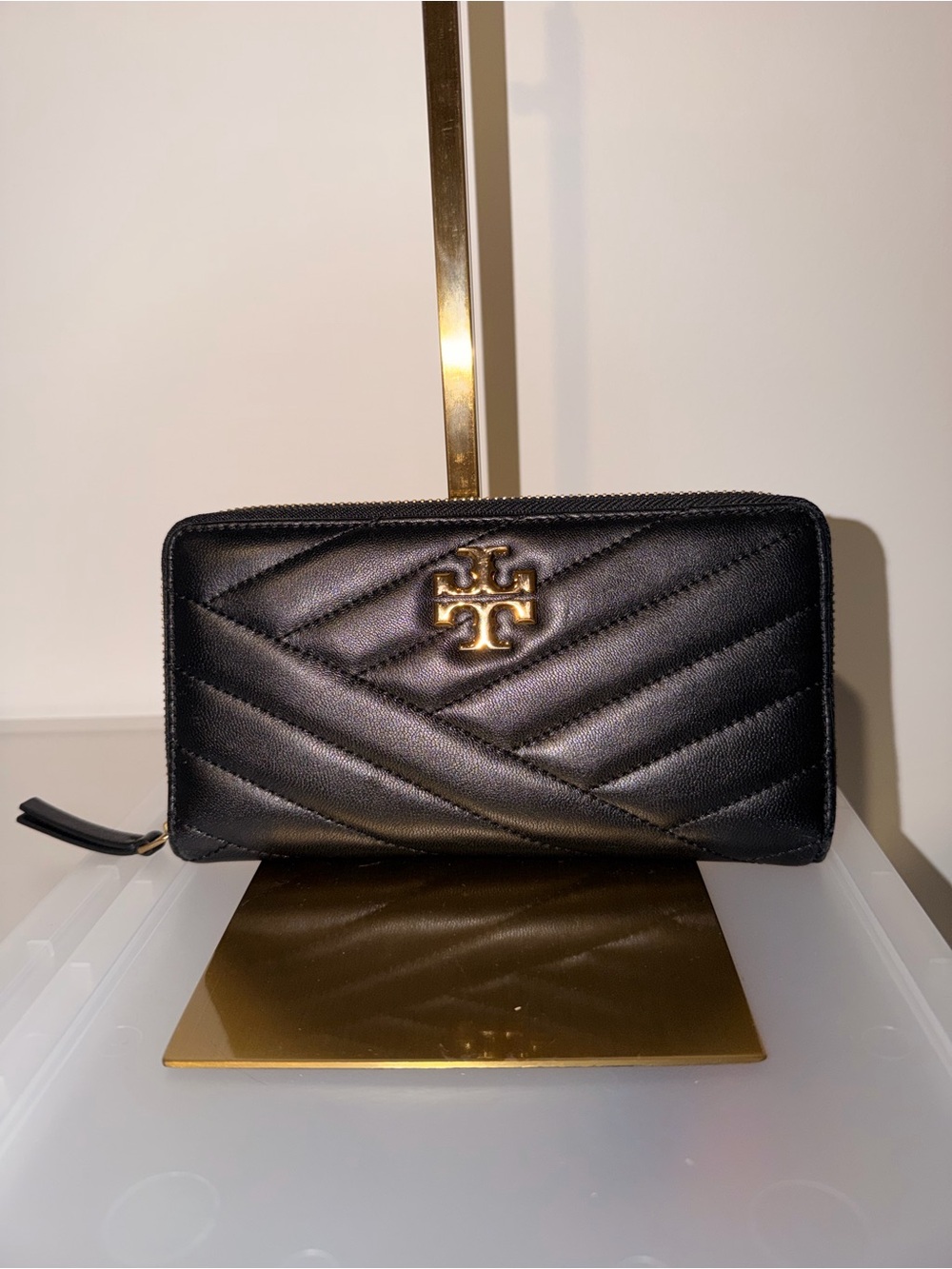 Tory Burch Black Quilted Zip Wallet with Gold Logo